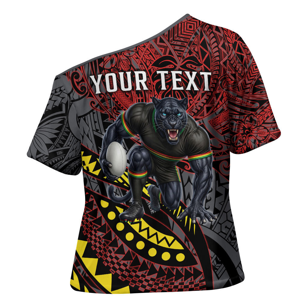 Personalised Penrith Panthers Cross Shoulder Shirt Polynesian Tribal Art Style With Fierce Panther Mascot
