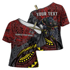 Personalised Penrith Panthers Cross Shoulder Shirt Polynesian Tribal Art Style With Fierce Panther Mascot