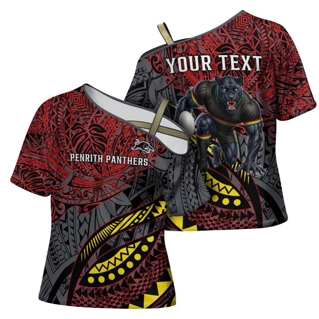 Personalised Penrith Panthers Cross Shoulder Shirt Polynesian Tribal Art Style With Fierce Panther Mascot
