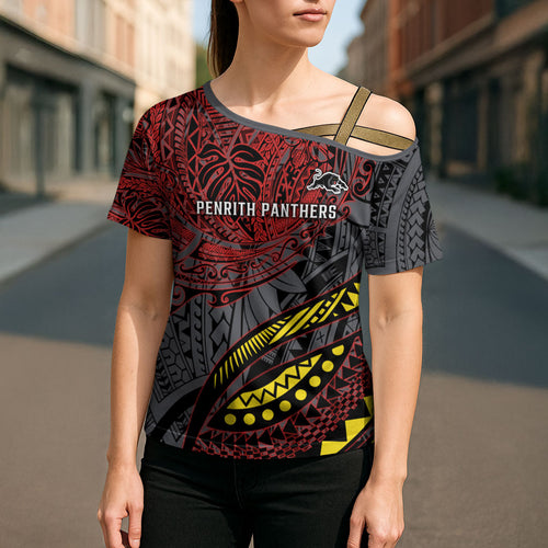 Personalised Penrith Panthers Cross Shoulder Shirt Polynesian Tribal Art Style With Fierce Panther Mascot