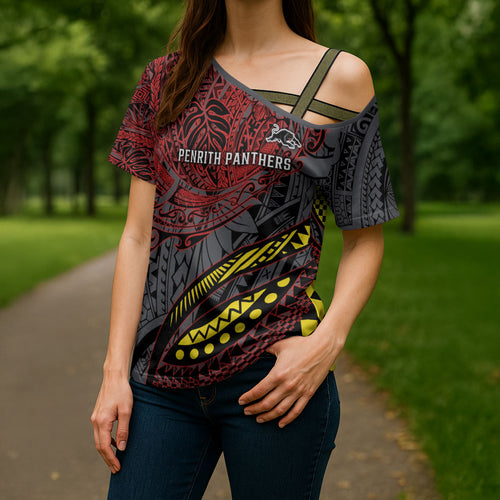 Personalised Penrith Panthers Cross Shoulder Shirt Polynesian Tribal Art Style With Fierce Panther Mascot