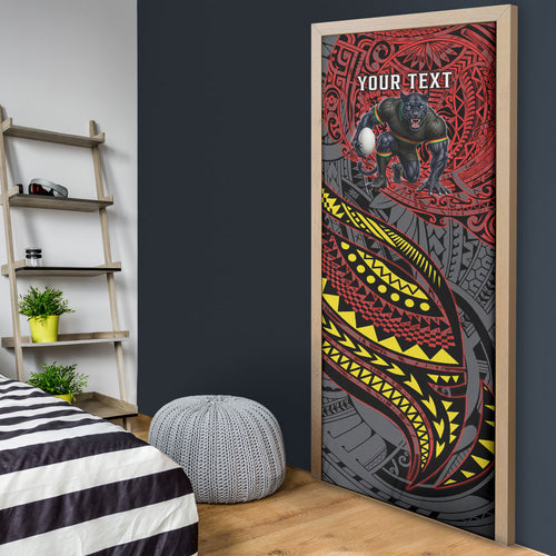 Personalised Penrith Panthers Door Cover Polynesian Tribal Art Style With Fierce Panther Mascot