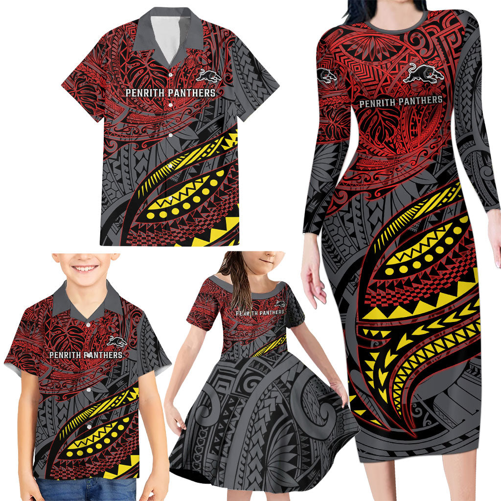 Personalised Penrith Panthers Family Matching Long Sleeve Bodycon Dress and Hawaiian Shirt Polynesian Tribal Art Style With Fierce Panther Mascot