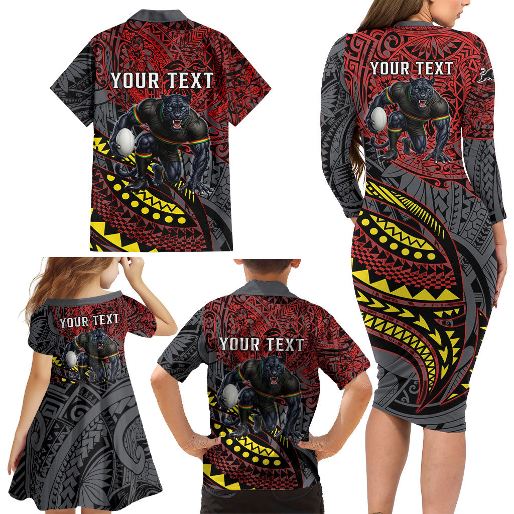 Personalised Penrith Panthers Family Matching Long Sleeve Bodycon Dress and Hawaiian Shirt Polynesian Tribal Art Style With Fierce Panther Mascot
