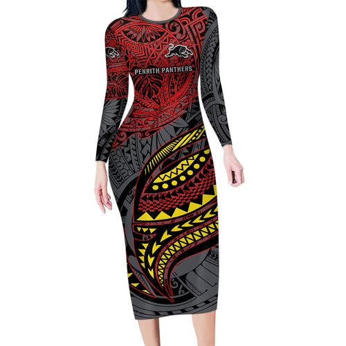 Personalised Penrith Panthers Family Matching Long Sleeve Bodycon Dress and Hawaiian Shirt Polynesian Tribal Art Style With Fierce Panther Mascot