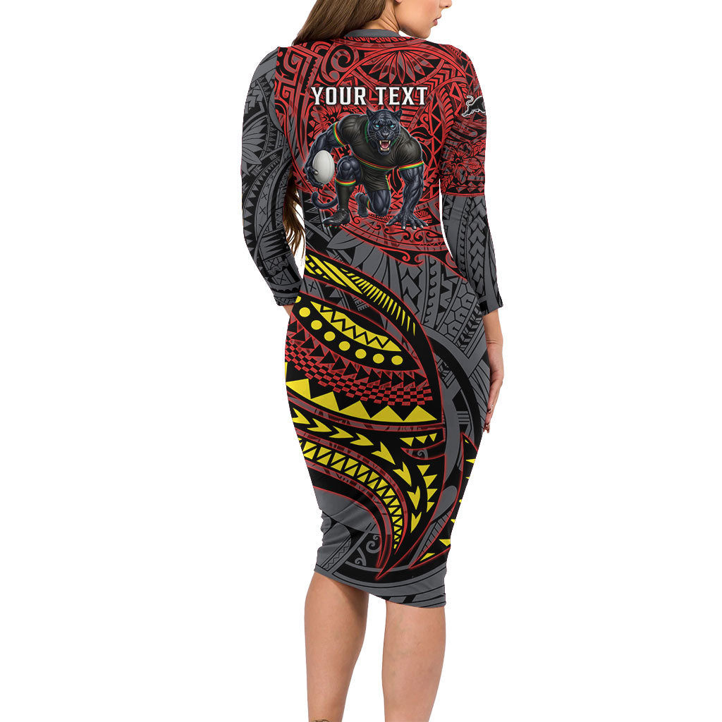 Personalised Penrith Panthers Family Matching Long Sleeve Bodycon Dress and Hawaiian Shirt Polynesian Tribal Art Style With Fierce Panther Mascot