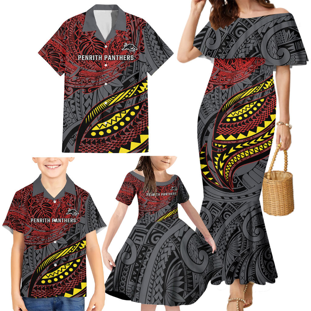 Personalised Penrith Panthers Family Matching Mermaid Dress and Hawaiian Shirt Polynesian Tribal Art Style With Fierce Panther Mascot