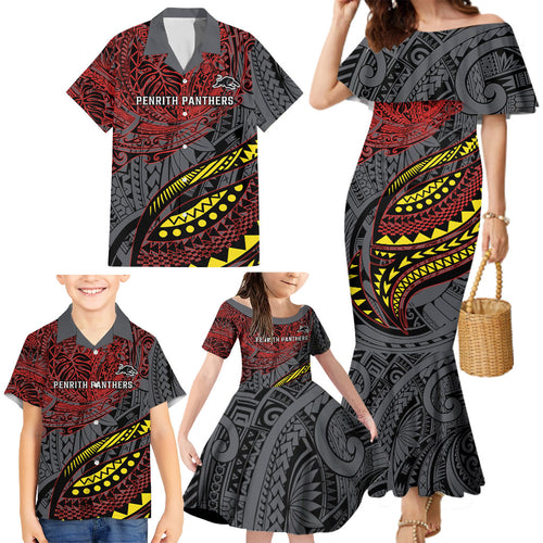 Personalised Penrith Panthers Family Matching Mermaid Dress and Hawaiian Shirt Polynesian Tribal Art Style With Fierce Panther Mascot