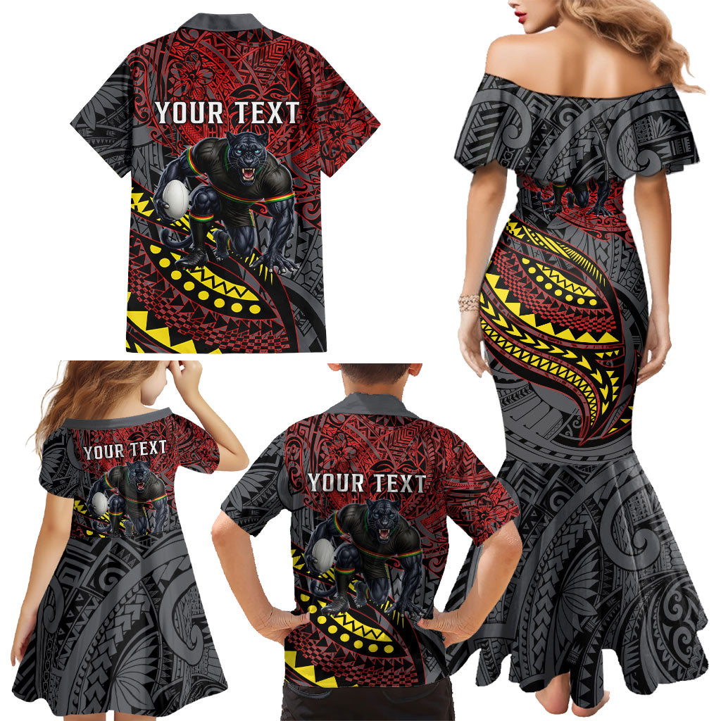 Personalised Penrith Panthers Family Matching Mermaid Dress and Hawaiian Shirt Polynesian Tribal Art Style With Fierce Panther Mascot