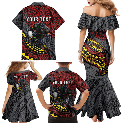Personalised Penrith Panthers Family Matching Mermaid Dress and Hawaiian Shirt Polynesian Tribal Art Style With Fierce Panther Mascot
