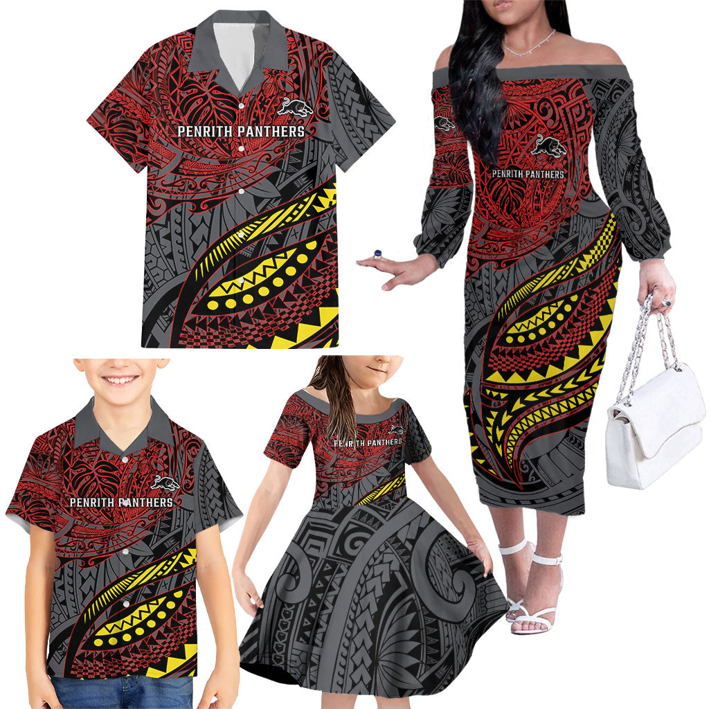 Personalised Penrith Panthers Family Matching Off The Shoulder Long Sleeve Dress and Hawaiian Shirt Polynesian Tribal Art Style With Fierce Panther Mascot