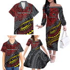 Personalised Penrith Panthers Family Matching Off The Shoulder Long Sleeve Dress and Hawaiian Shirt Polynesian Tribal Art Style With Fierce Panther Mascot
