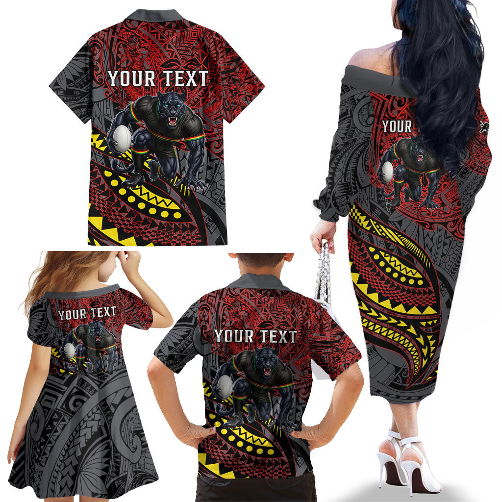 Personalised Penrith Panthers Family Matching Off The Shoulder Long Sleeve Dress and Hawaiian Shirt Polynesian Tribal Art Style With Fierce Panther Mascot