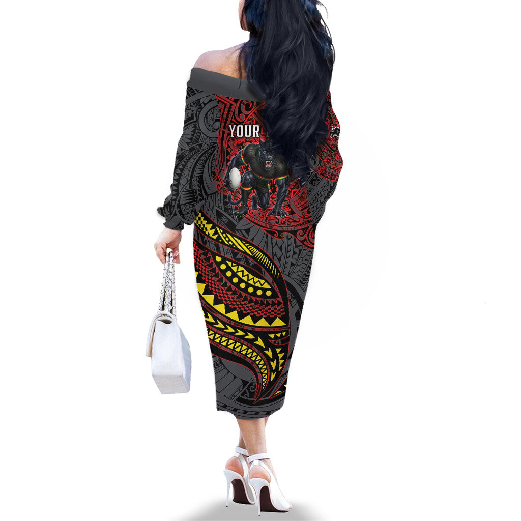 Personalised Penrith Panthers Family Matching Off The Shoulder Long Sleeve Dress and Hawaiian Shirt Polynesian Tribal Art Style With Fierce Panther Mascot