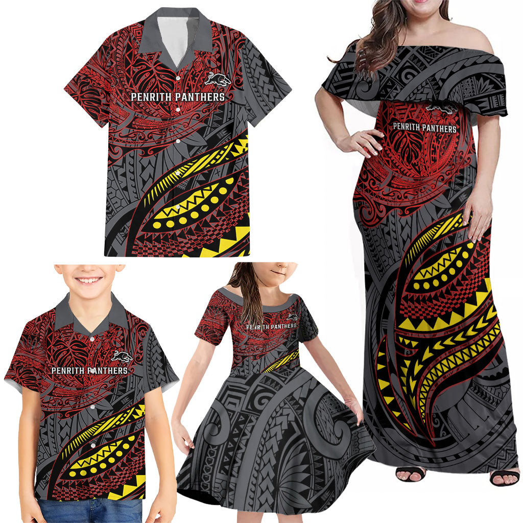 Personalised Penrith Panthers Family Matching Off Shoulder Maxi Dress and Hawaiian Shirt Polynesian Tribal Art Style With Fierce Panther Mascot