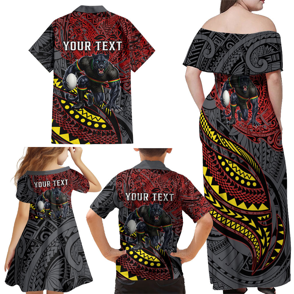 Personalised Penrith Panthers Family Matching Off Shoulder Maxi Dress and Hawaiian Shirt Polynesian Tribal Art Style With Fierce Panther Mascot