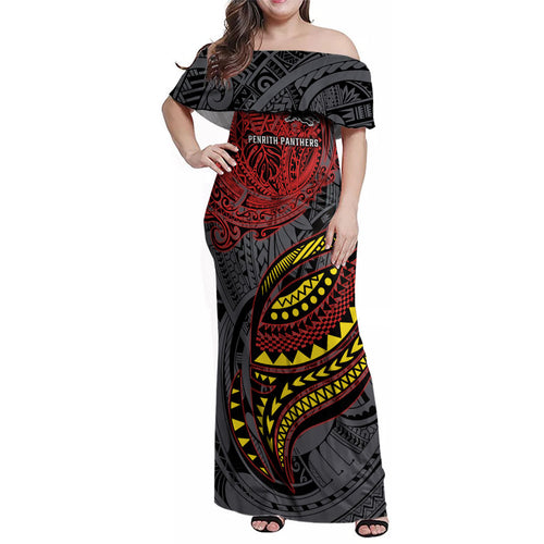 Personalised Penrith Panthers Family Matching Off Shoulder Maxi Dress and Hawaiian Shirt Polynesian Tribal Art Style With Fierce Panther Mascot