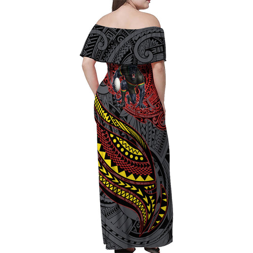 Personalised Penrith Panthers Family Matching Off Shoulder Maxi Dress and Hawaiian Shirt Polynesian Tribal Art Style With Fierce Panther Mascot