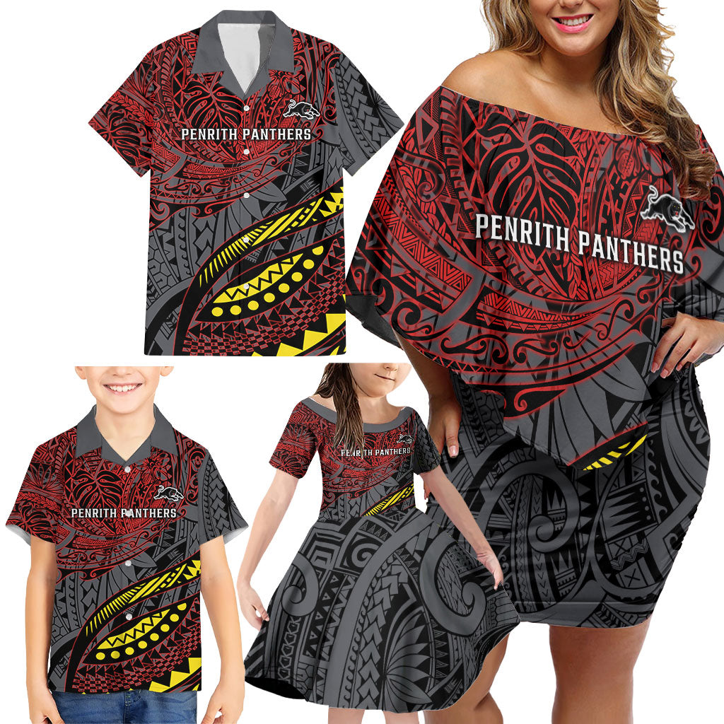 Personalised Penrith Panthers Family Matching Off Shoulder Short Dress and Hawaiian Shirt Polynesian Tribal Art Style With Fierce Panther Mascot