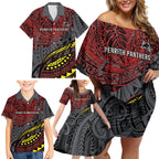 Personalised Penrith Panthers Family Matching Off Shoulder Short Dress and Hawaiian Shirt Polynesian Tribal Art Style With Fierce Panther Mascot