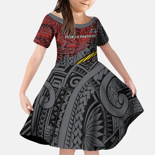 Personalised Penrith Panthers Family Matching Off Shoulder Short Dress and Hawaiian Shirt Polynesian Tribal Art Style With Fierce Panther Mascot