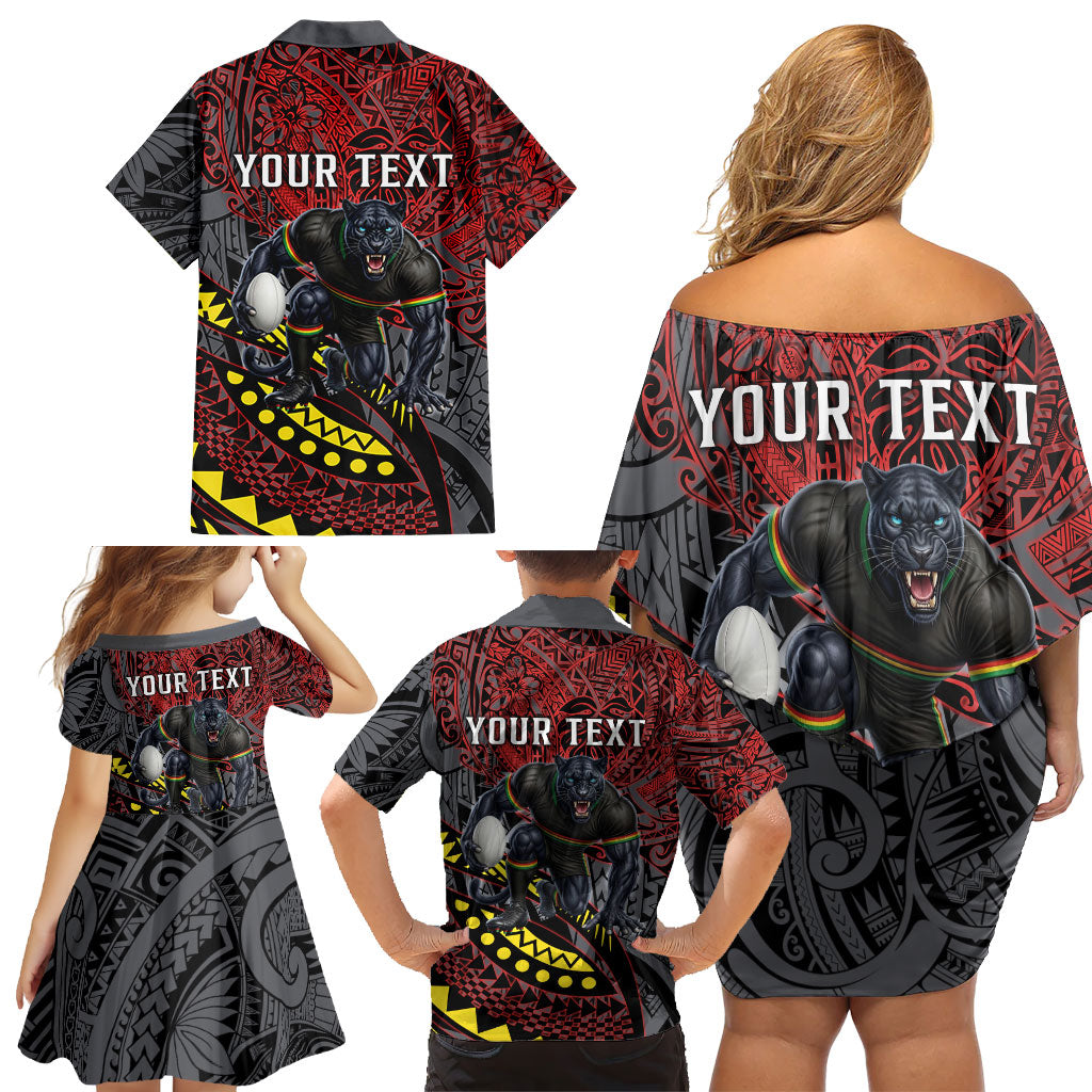 Personalised Penrith Panthers Family Matching Off Shoulder Short Dress and Hawaiian Shirt Polynesian Tribal Art Style With Fierce Panther Mascot