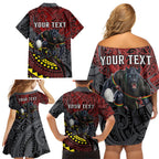 Personalised Penrith Panthers Family Matching Off Shoulder Short Dress and Hawaiian Shirt Polynesian Tribal Art Style With Fierce Panther Mascot