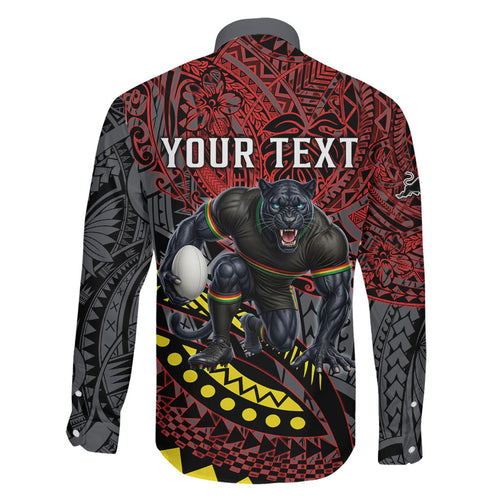 Personalised Penrith Panthers Family Matching Off Shoulder Short Dress and Hawaiian Shirt Polynesian Tribal Art Style With Fierce Panther Mascot