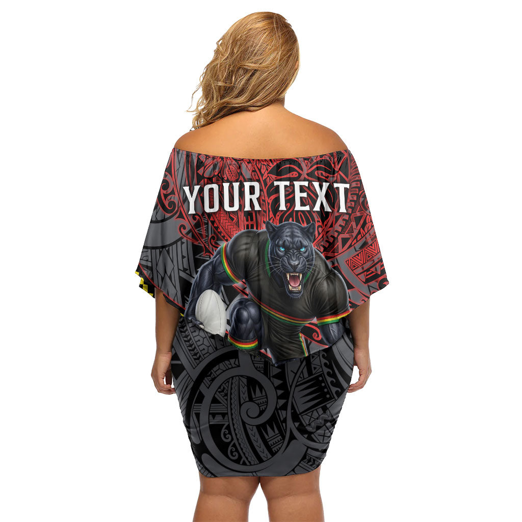 Personalised Penrith Panthers Family Matching Off Shoulder Short Dress and Hawaiian Shirt Polynesian Tribal Art Style With Fierce Panther Mascot
