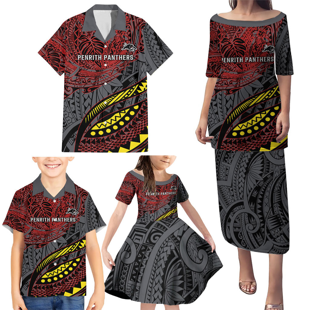 Personalised Penrith Panthers Family Matching Puletasi and Hawaiian Shirt Polynesian Tribal Art Style With Fierce Panther Mascot