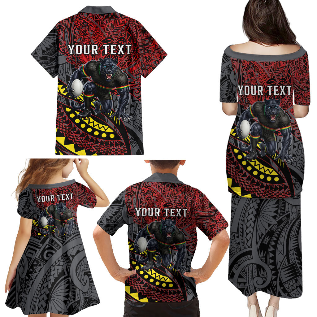 Personalised Penrith Panthers Family Matching Puletasi and Hawaiian Shirt Polynesian Tribal Art Style With Fierce Panther Mascot