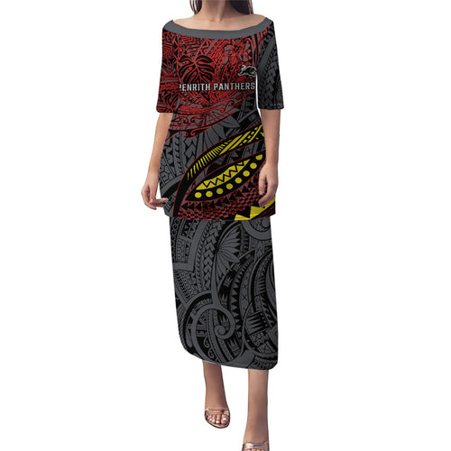 Personalised Penrith Panthers Family Matching Puletasi and Hawaiian Shirt Polynesian Tribal Art Style With Fierce Panther Mascot