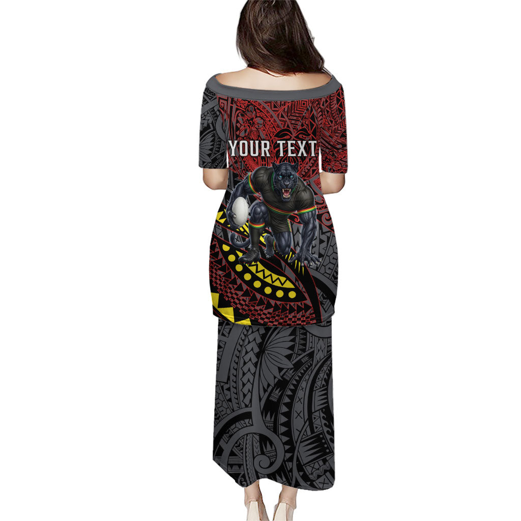 Personalised Penrith Panthers Family Matching Puletasi and Hawaiian Shirt Polynesian Tribal Art Style With Fierce Panther Mascot