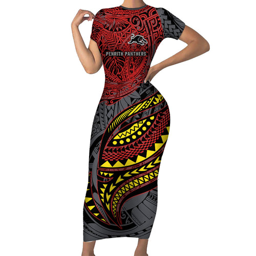 Personalised Penrith Panthers Family Matching Short Sleeve Bodycon Dress and Hawaiian Shirt Polynesian Tribal Art Style With Fierce Panther Mascot