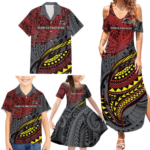 Personalised Penrith Panthers Family Matching Summer Maxi Dress and Hawaiian Shirt Polynesian Tribal Art Style With Fierce Panther Mascot