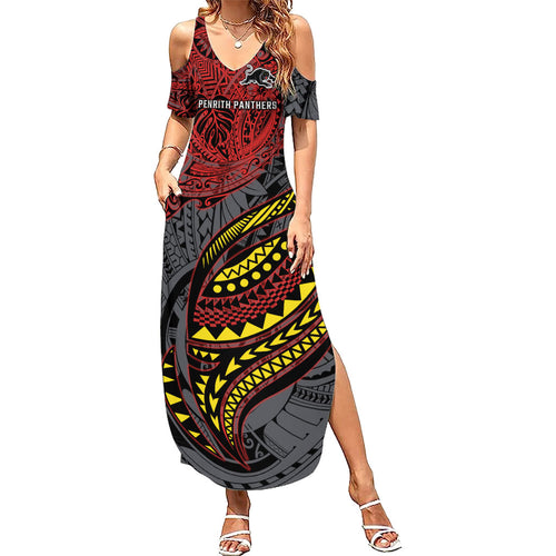 Personalised Penrith Panthers Family Matching Summer Maxi Dress and Hawaiian Shirt Polynesian Tribal Art Style With Fierce Panther Mascot