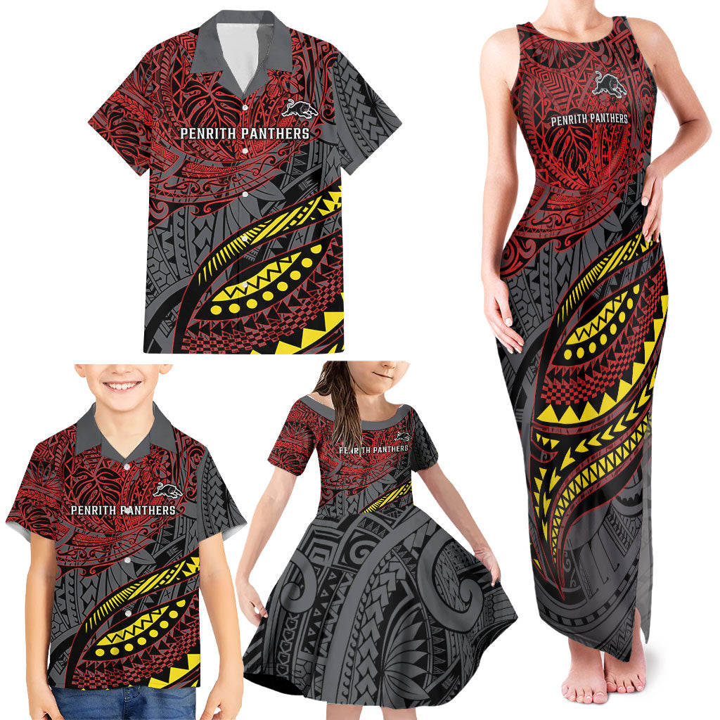 Personalised Penrith Panthers Family Matching Tank Maxi Dress and Hawaiian Shirt Polynesian Tribal Art Style With Fierce Panther Mascot