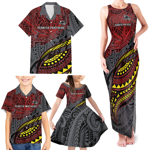 Personalised Penrith Panthers Family Matching Tank Maxi Dress and Hawaiian Shirt Polynesian Tribal Art Style With Fierce Panther Mascot