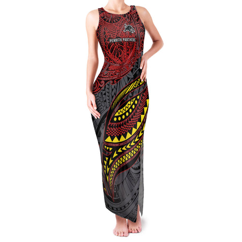 Personalised Penrith Panthers Family Matching Tank Maxi Dress and Hawaiian Shirt Polynesian Tribal Art Style With Fierce Panther Mascot