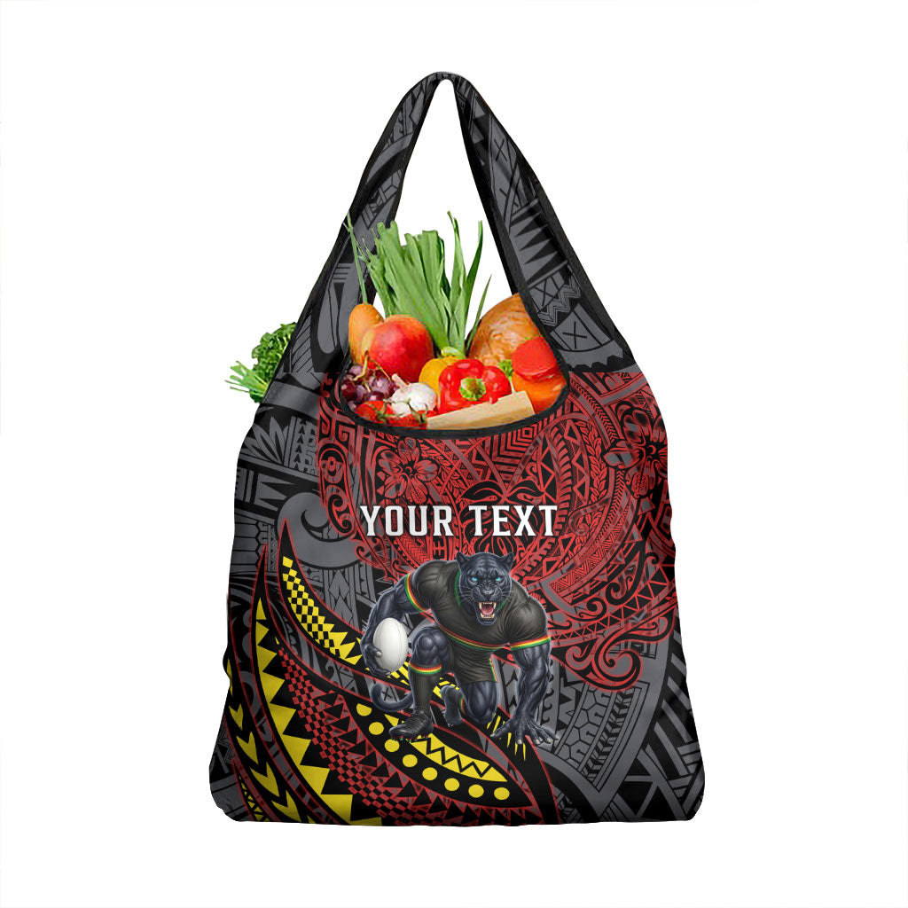 Personalised Penrith Panthers Grocery Bag Polynesian Tribal Art Style With Fierce Panther Mascot
