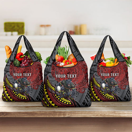 Personalised Penrith Panthers Grocery Bag Polynesian Tribal Art Style With Fierce Panther Mascot