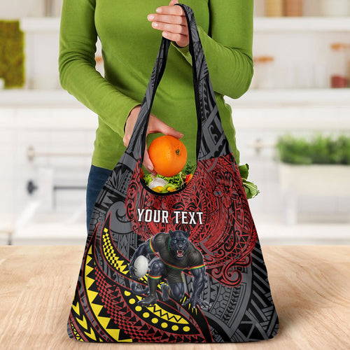 Personalised Penrith Panthers Grocery Bag Polynesian Tribal Art Style With Fierce Panther Mascot
