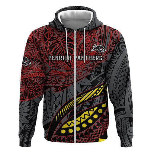 Personalised Penrith Panthers Hoodie Polynesian Tribal Art Style With Fierce Panther Mascot