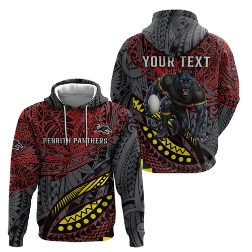 Personalised Penrith Panthers Hoodie Polynesian Tribal Art Style With Fierce Panther Mascot