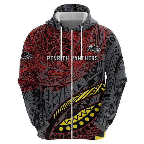 Personalised Penrith Panthers Hoodie Polynesian Tribal Art Style With Fierce Panther Mascot