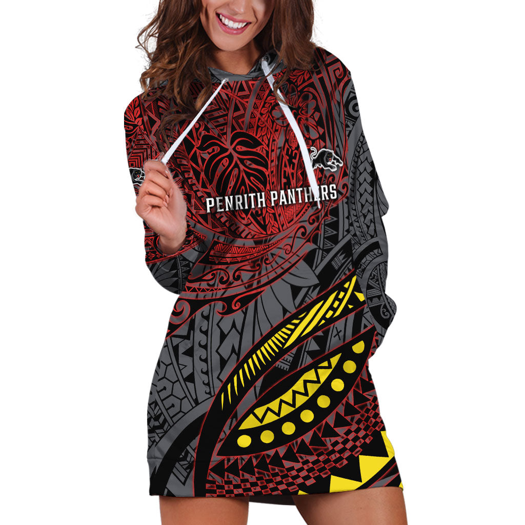 Personalised Penrith Panthers Hoodie Dress Polynesian Tribal Art Style With Fierce Panther Mascot