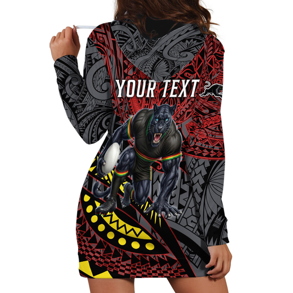 Personalised Penrith Panthers Hoodie Dress Polynesian Tribal Art Style With Fierce Panther Mascot