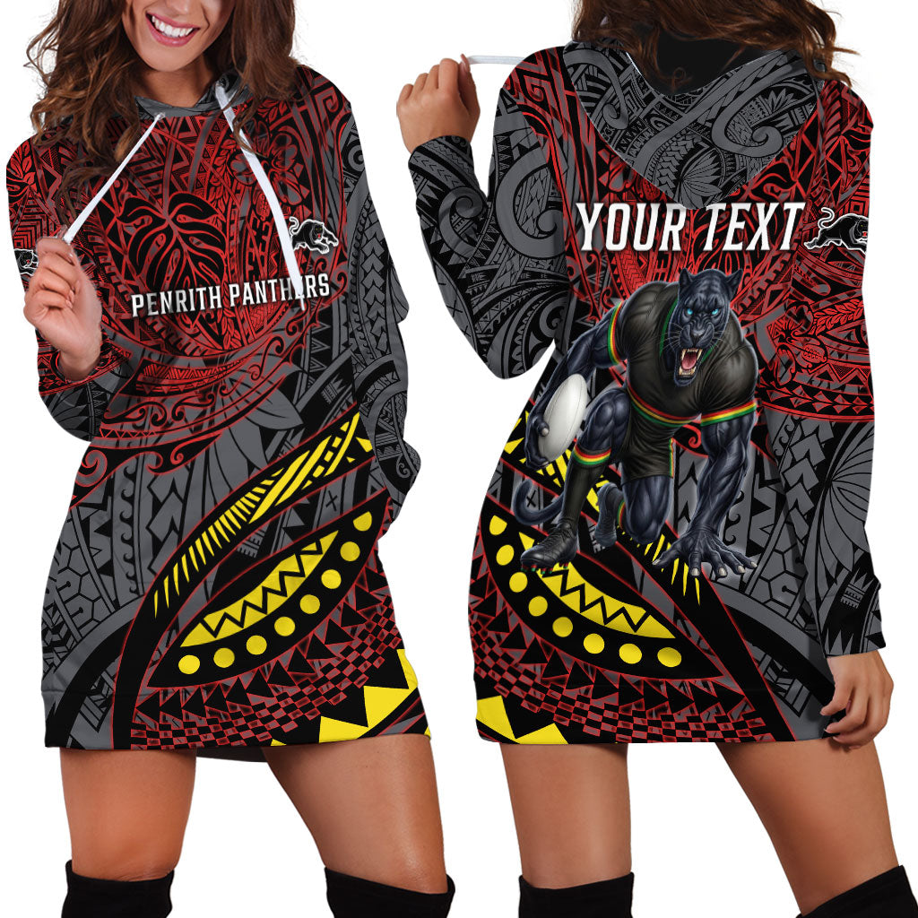 Personalised Penrith Panthers Hoodie Dress Polynesian Tribal Art Style With Fierce Panther Mascot