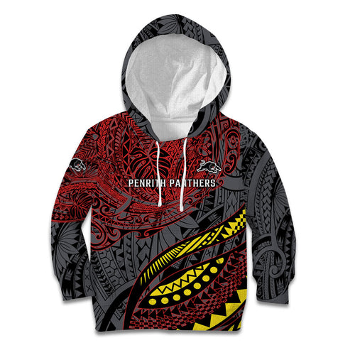 Personalised Penrith Panthers Kid Hoodie Polynesian Tribal Art Style With Fierce Panther Mascot