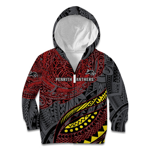 Personalised Penrith Panthers Kid Hoodie Polynesian Tribal Art Style With Fierce Panther Mascot
